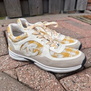 Designer Style Yellow and Ivory Tweed Runner Sneakers